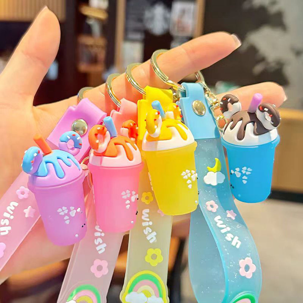 3D Cartoon Milk Tea Cup Keychain - Soft PVC Rubber Ice Cream Pendant Cute Key Ring for Car Bag Gift